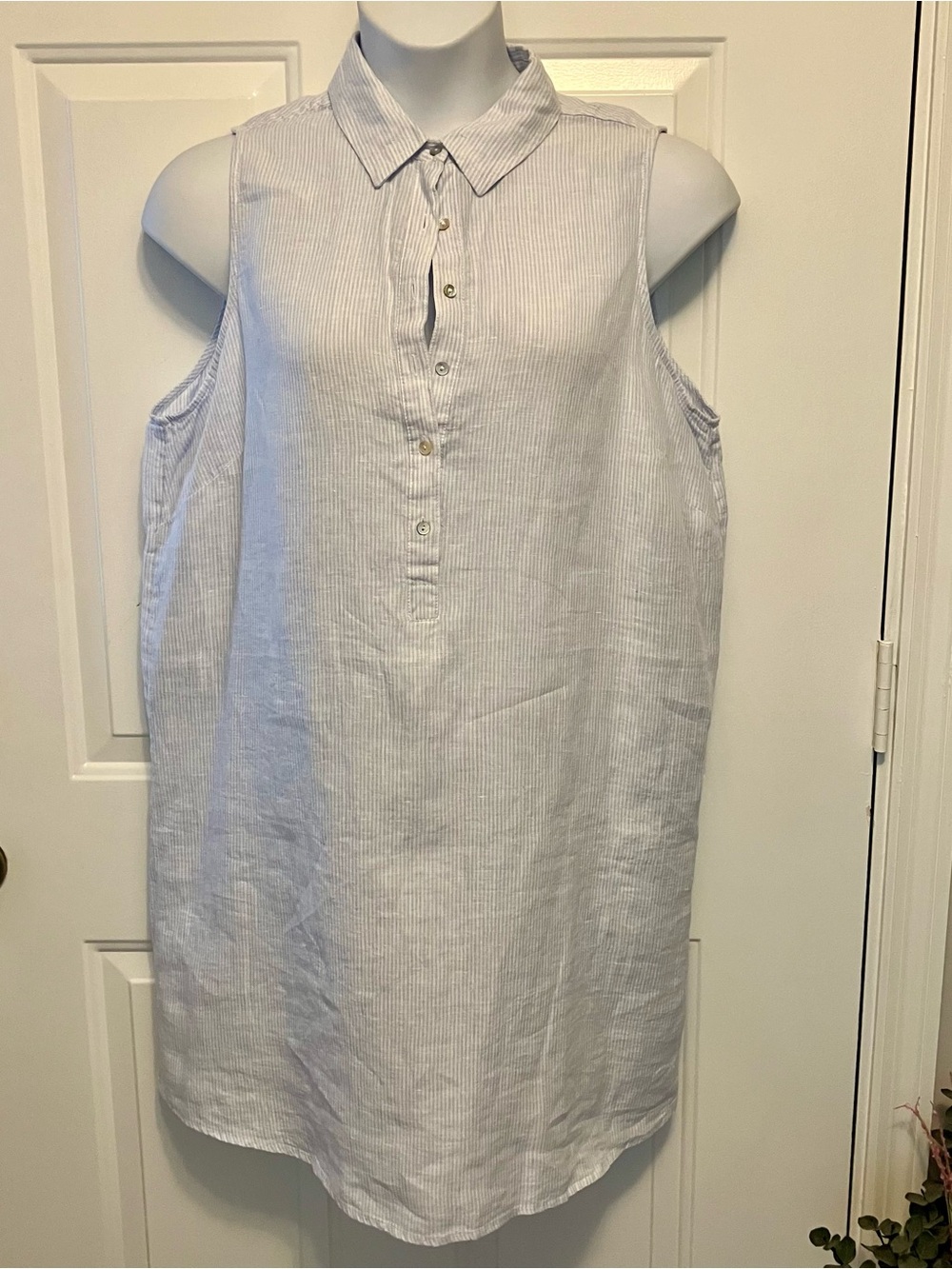 TAHARI Size 1X Blue White Pin Striped European Flax 100% Linen Shirt Dress